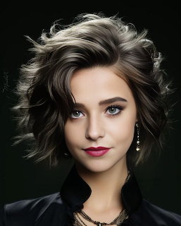 Portrait of woman with wavy brown hair and pink lips on dark background