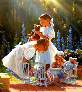 Painting of a young girl in a white dress holding a doll in a sunlit garden with toys and blue flowers