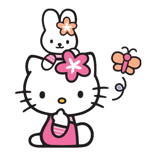 Hello Kitty cartoon in pink with a bunny on her head and a butterfly on a white background