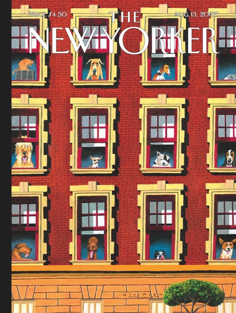 New Yorker cover showing dogs and cats looking out of windows in a red brick apartment building