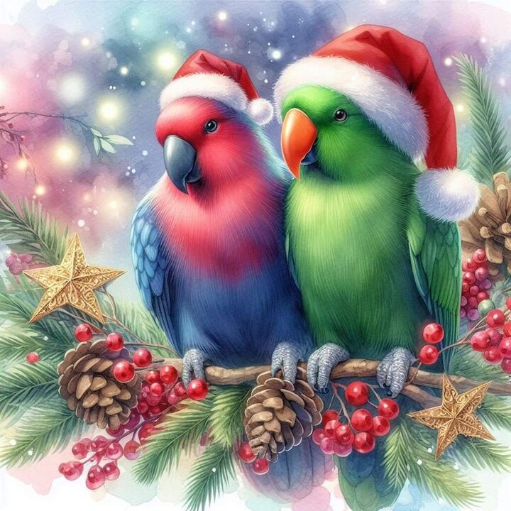Christmas Birds in Santa Hats