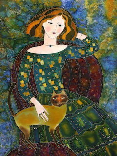Folk art painting of a red-haired woman in a green patterned dress with a brown cat on her lap