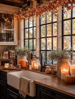 Rustic country kitchen with pumpkins, lit candles, dried flowers, and autumn leaf garland above windows