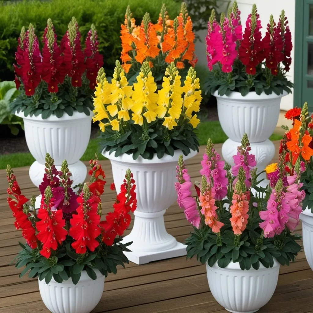 Vibrant snapdragons in red, yellow, orange, pink, and magenta displayed in white urn planters on wooden deck