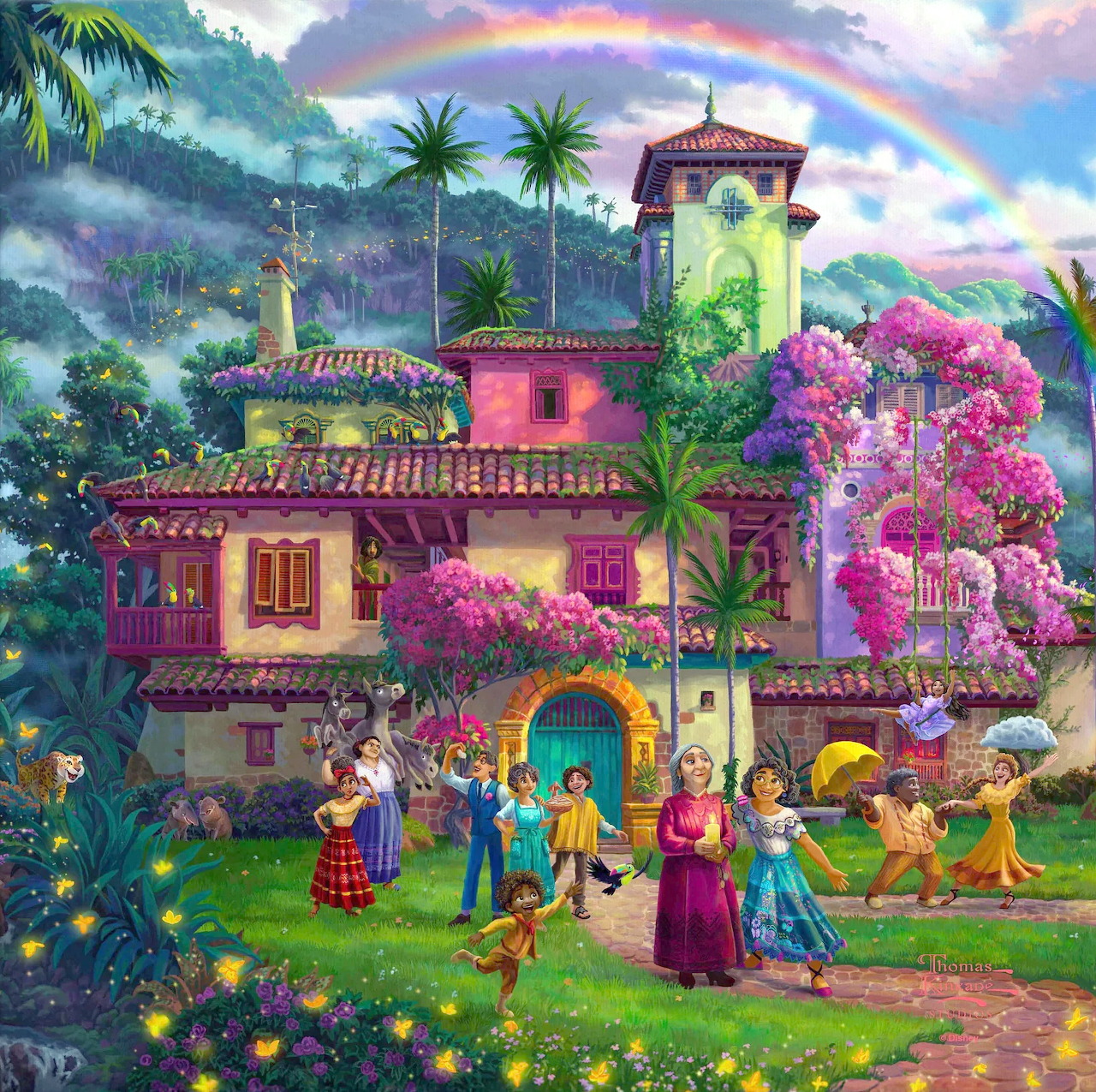 Vibrant illustrated house with pink bougainvillea, rainbow, and animated characters in tropical garden setting