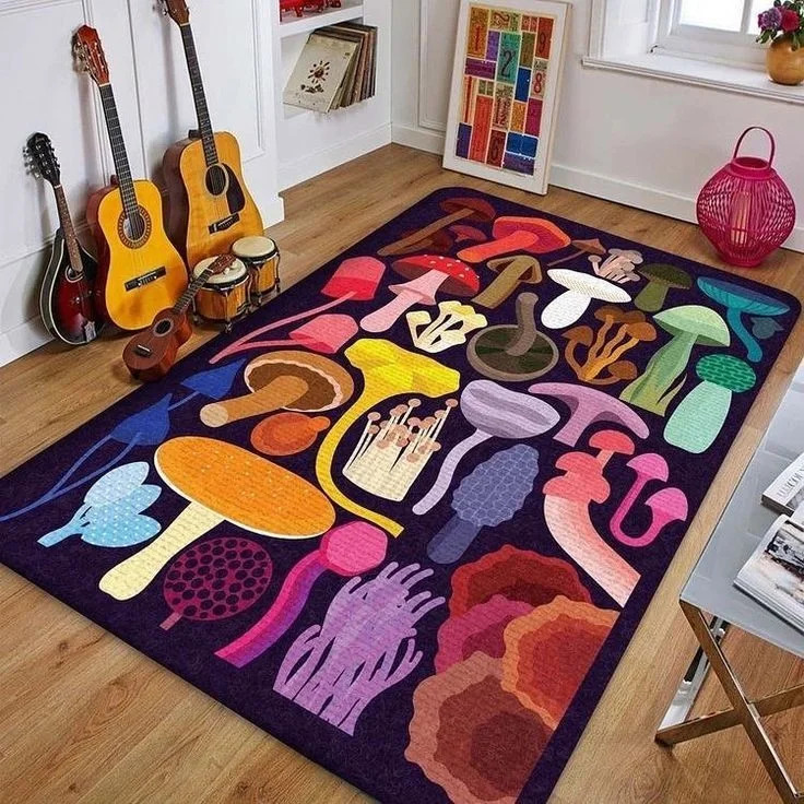 Colorful abstract patterned rug with geometric shapes on wooden floor in room with guitars