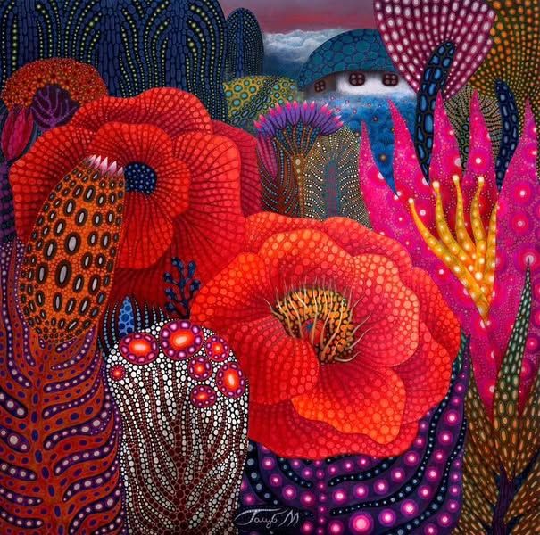 Pointillist art of red poppies and colorful abstract flowers made with dotted patterns on dark background