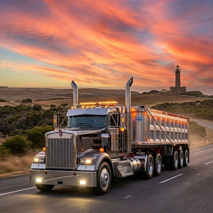 Chrome semi-truck with trailer on coastal road at sunset with lighthouse and colorful sky