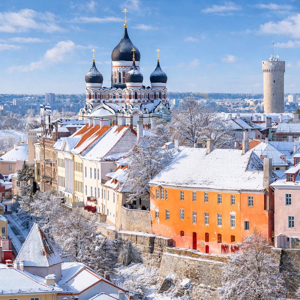 Snowy view of Tallinn old town with the Alexander Nevsky Cathedral and colorful buildings