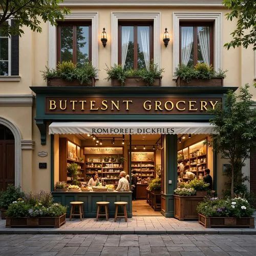 Cozy European grocery store facade with glowing windows, plants, and outdoor seating at dusk