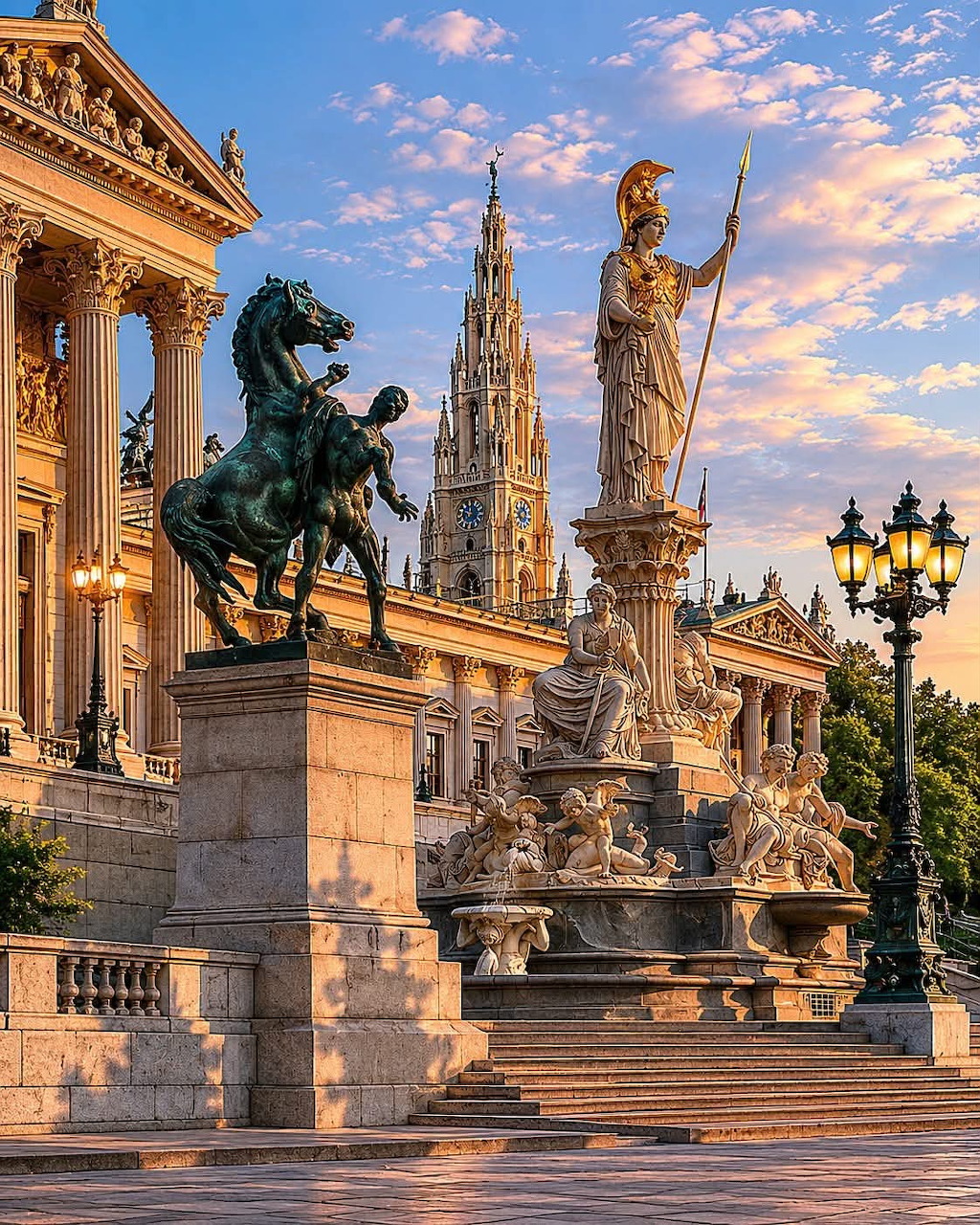Vienna Parliament Building with Pallas Athena fountain and statues at sunset with pink and blue clouds