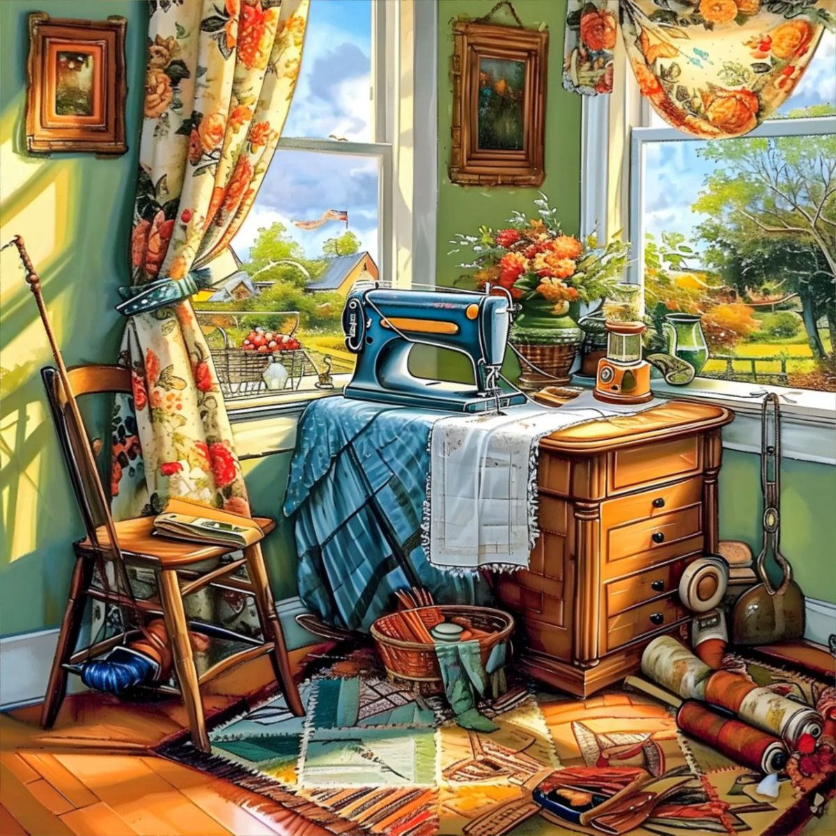 Illustrated cozy sewing room with vintage sewing machine, colorful fabrics, and sunny window view