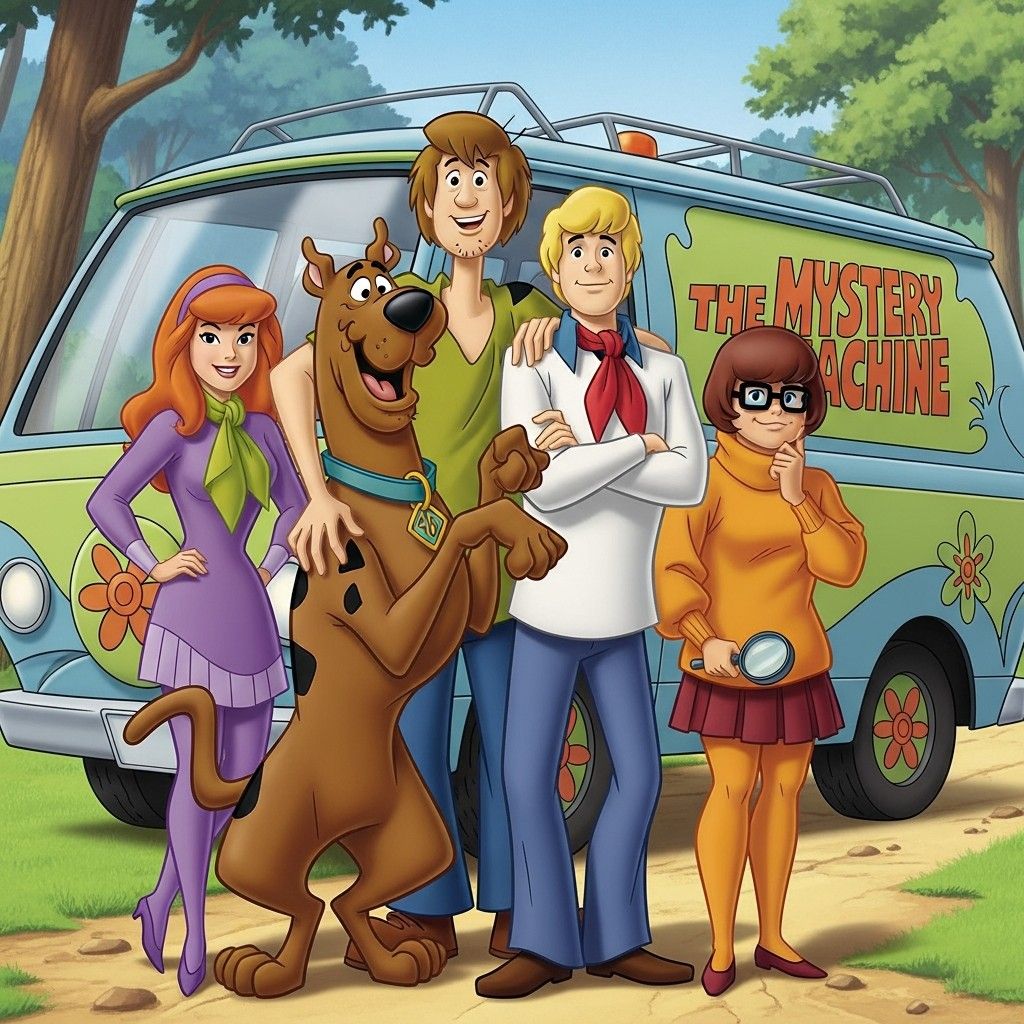 Scooby-Doo and the Mystery Inc. gang posing in front of their iconic van