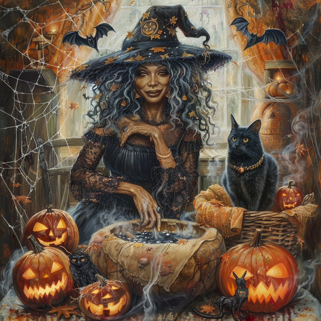 Witch in ornate hat seated at table with glowing jack-o'-lanterns, black cat, and Halloween decorations