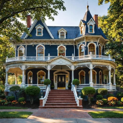 Victorian-style Southern plantation house with blue exterior, white porch railings, and brick front steps
