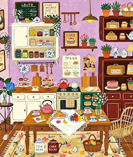 Colorful illustration of a cozy kitchen tea room with shelves, teapots, cakes, plants, and a table set for tea