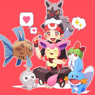 Anime-style trainer with several Pokemon characters on a bright red background