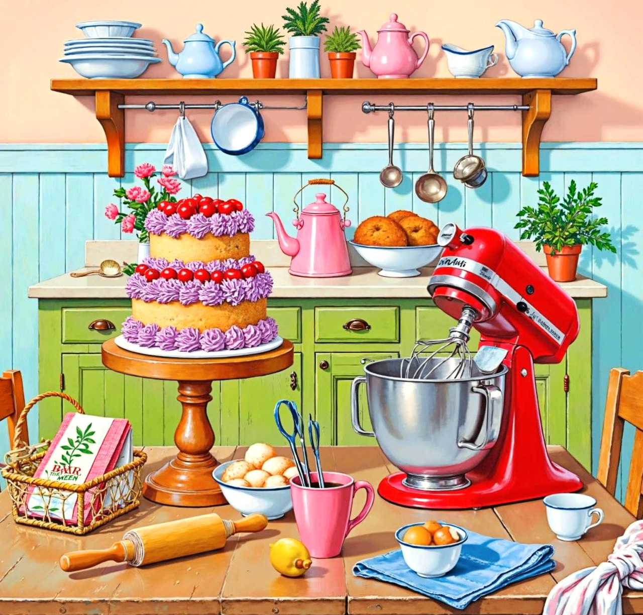 Illustrated vintage kitchen with layered cake, red mixer, utensils and cottage decor on green counter