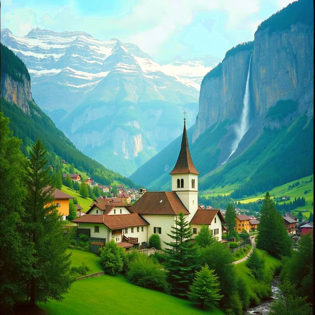 Alpine village with church in mountain valley, waterfall on cliffs, snow-capped peaks and green meadows