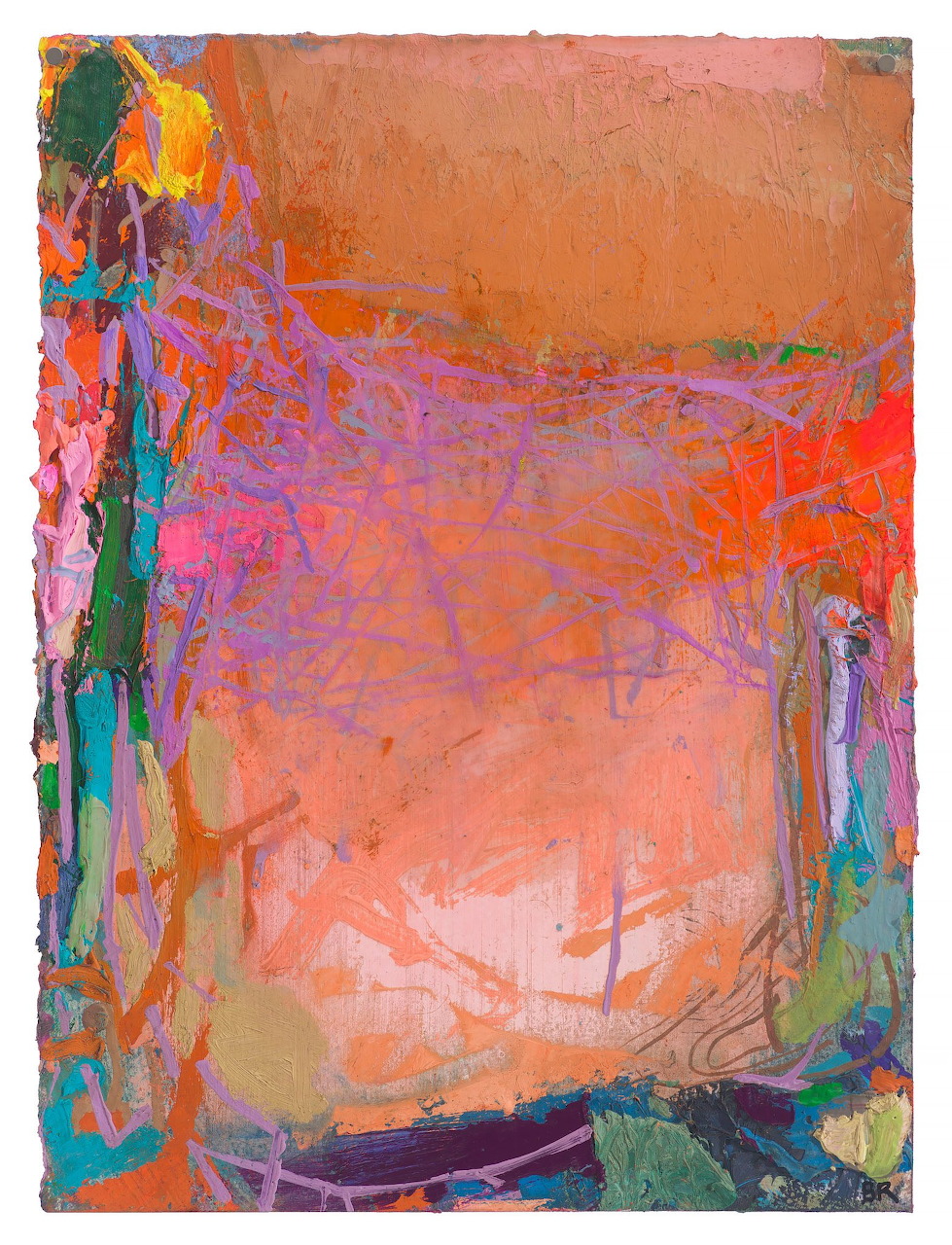 Abstract painting with orange, pink, purple, and blue layered brushstrokes