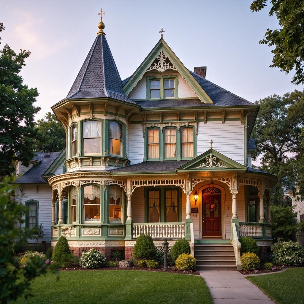 Victorian house with turret and decorative trim lit warmly at dusk, framed by trees and lawn