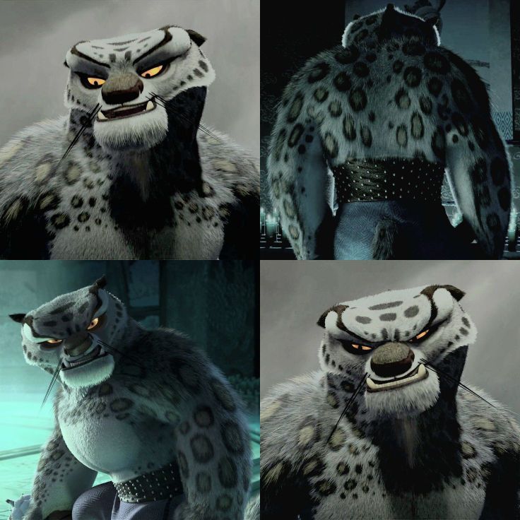 Four-panel collage of an animated snow leopard character snarling and posing