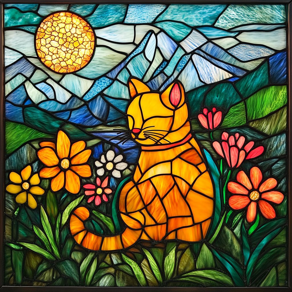 Stained glass art of orange cat with flowers, mountains, and sun