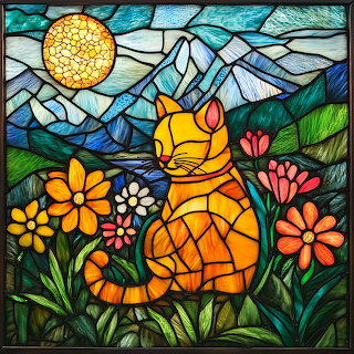 Stained Glass Cat in Garden