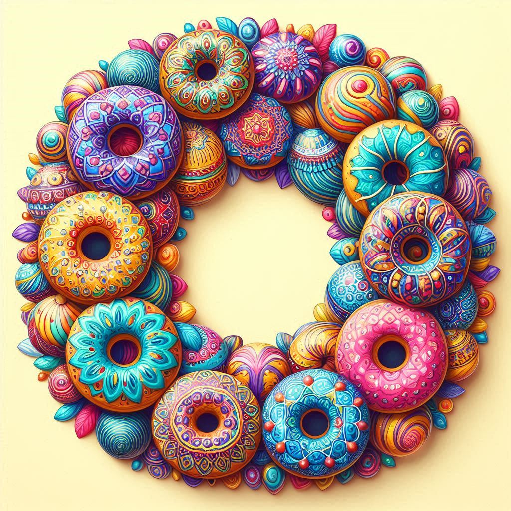 Circular wreath made of colorful illustrated donuts with various toppings and decorations on yellow background