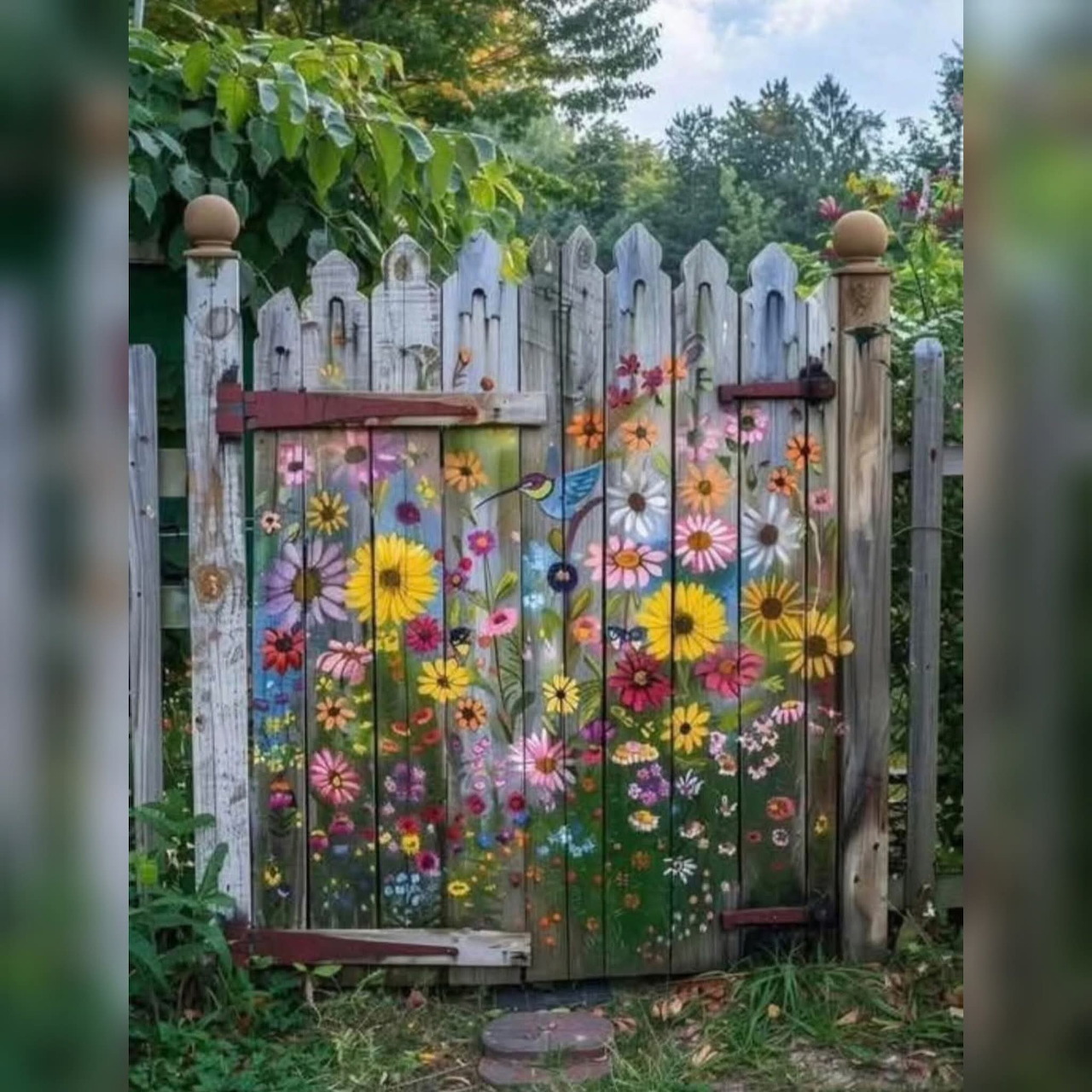 White wooden gate decorated with vibrant wildflowers in a garden setting