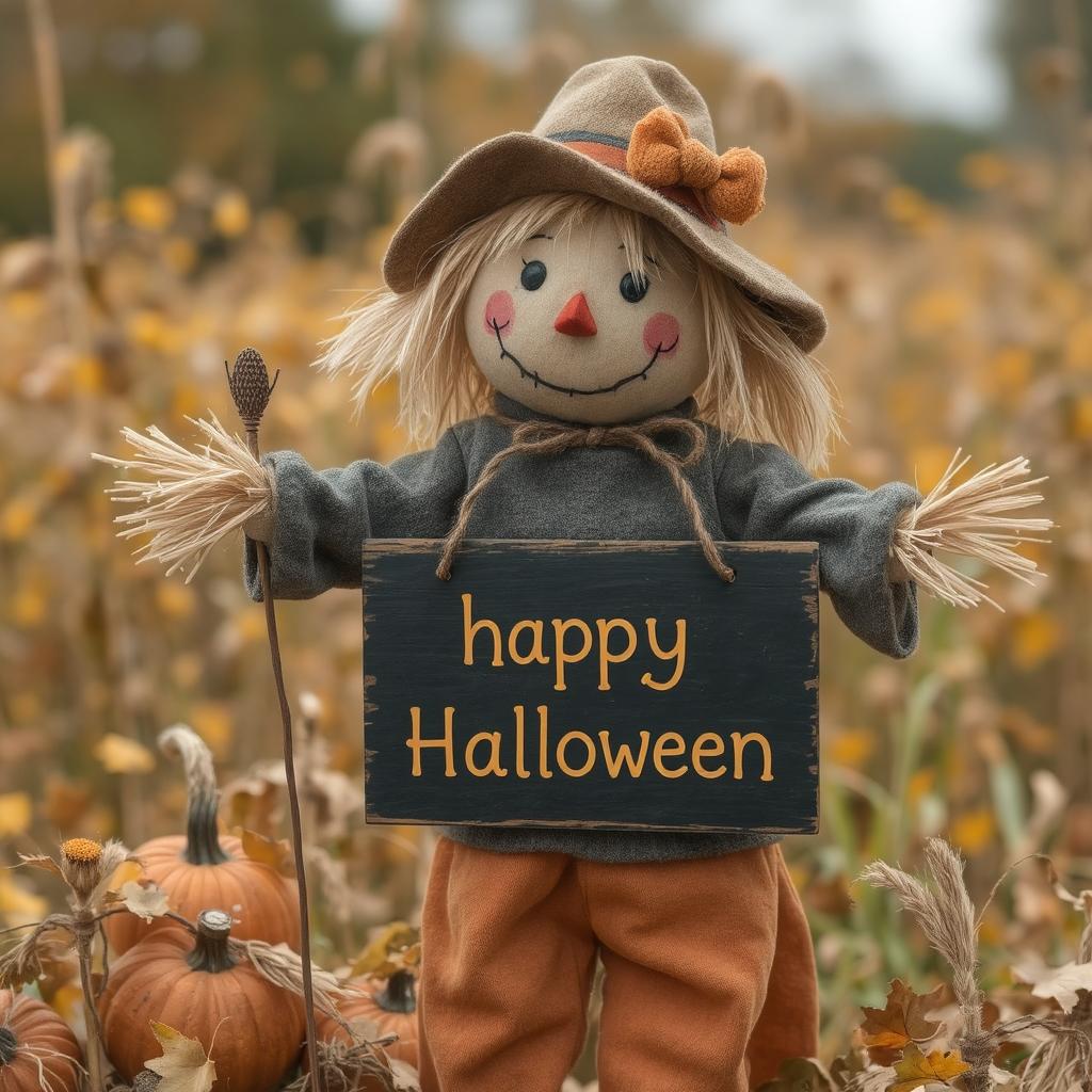 Smiling scarecrow with straw hat holding happy Halloween sign among pumpkins in fall field