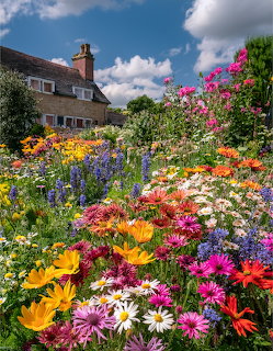 House by Colorful Flower Bed