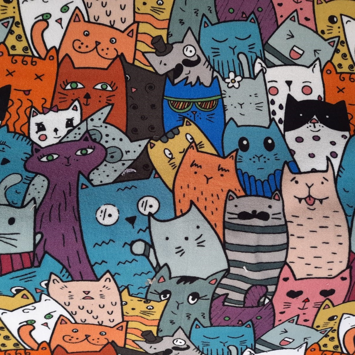 Colorful illustration of many quirky cartoon cats crowded together