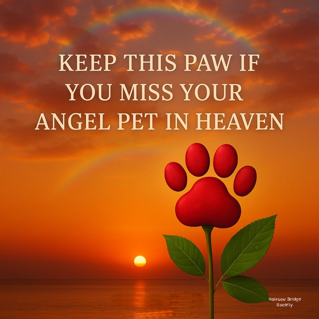 Red paw-shaped flower over a sunset with rainbow and memorial text about an angel pet in heaven