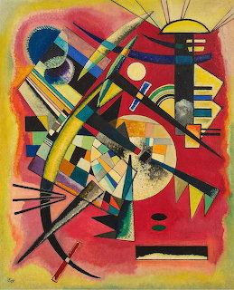 Abstract geometric painting with red background, colorful overlapping shapes, circles, triangles, and bold black lines