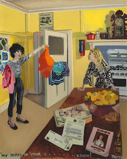 Painting of two women in a bright yellow kitchen with one holding up clothing and bowl of oranges on the counter