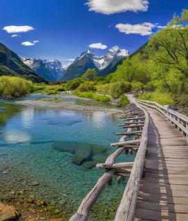 Wooden boardwalk beside a clear river with green trees and snow-capped mountains in Grand Teton National Park