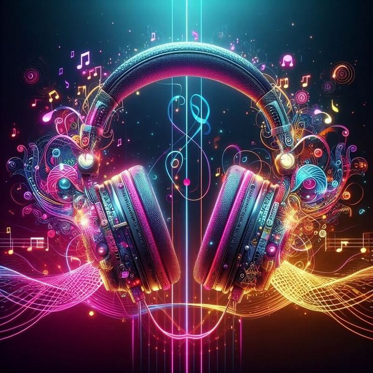 Neon Headphones with Music Notes