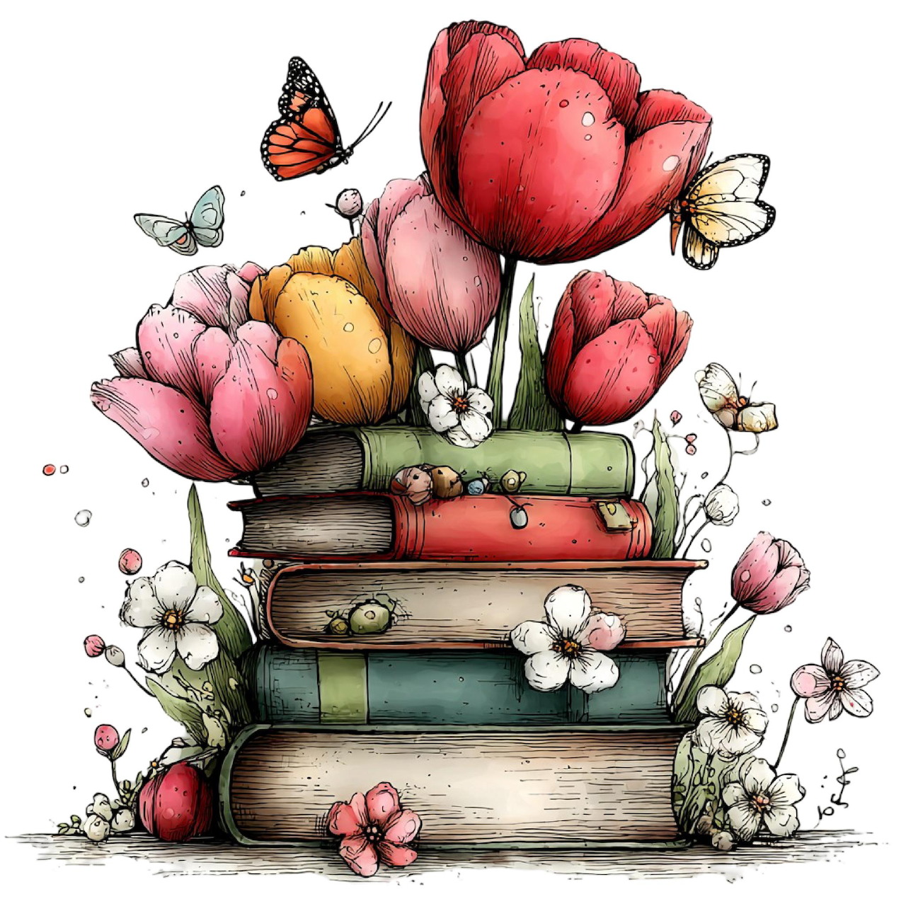 Books and Flowers with Butterflies