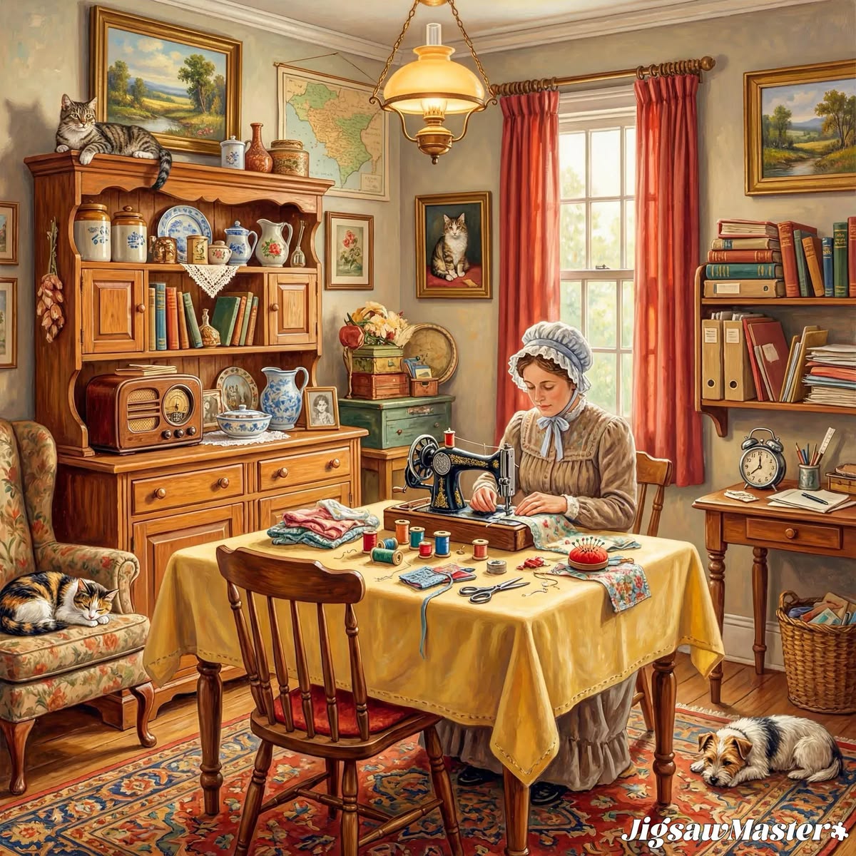 Elderly woman sewing at table in warmly lit vintage room with wooden furniture and decorative items