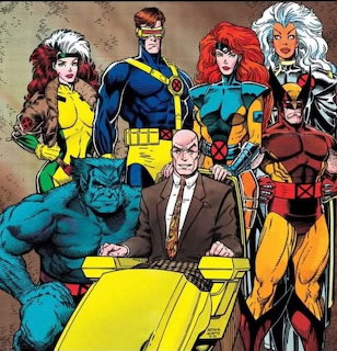 Comic illustration of X-Men characters posing around Professor X in colorful costumes