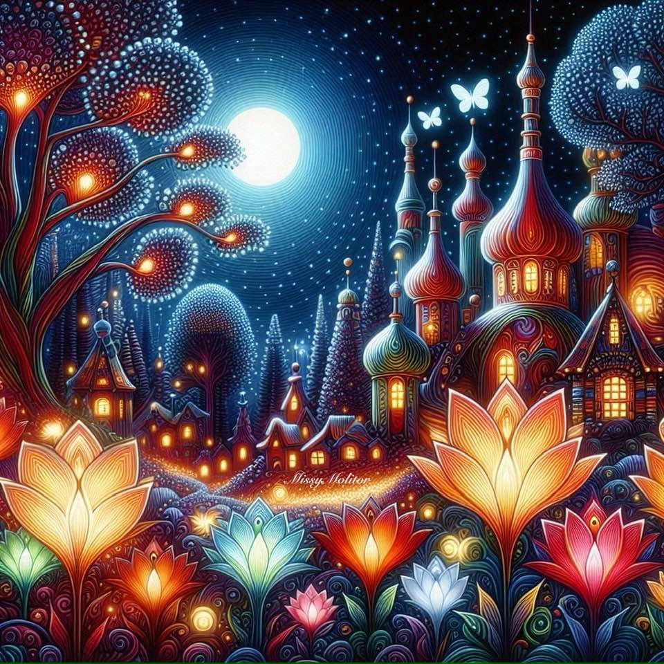 Colorful fantasy village at night with glowing flowers, domed towers, butterflies, and a bright moon