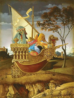 Surreal painting showing ornate golden vessel on land with three figures in robes, trees and dramatic sky backdrop