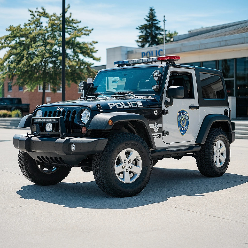 Black and white police Jeep Wrangler with light bar parked outdoors