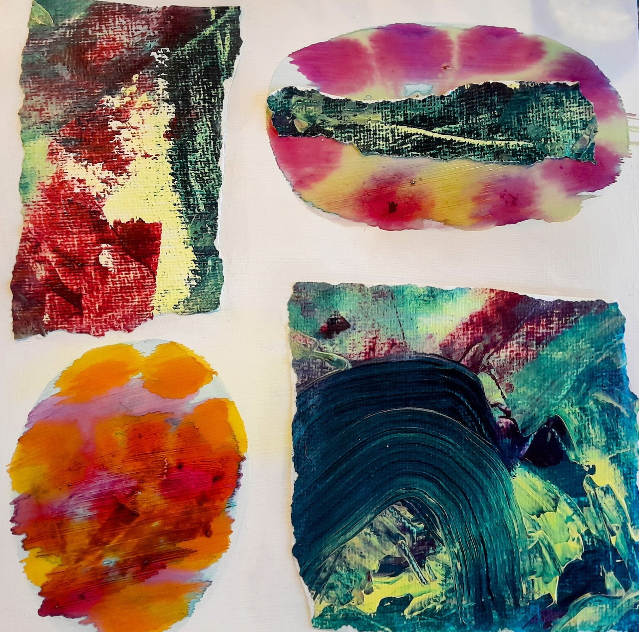 Abstract art collage with four colorful painted sections in vibrant hues