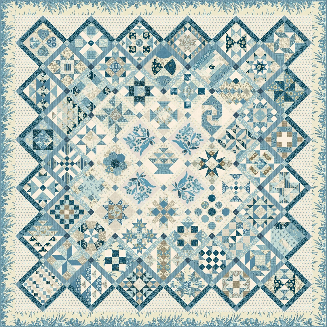 Blue and cream patchwork quilt with geometric blocks, floral designs, and sawtooth border