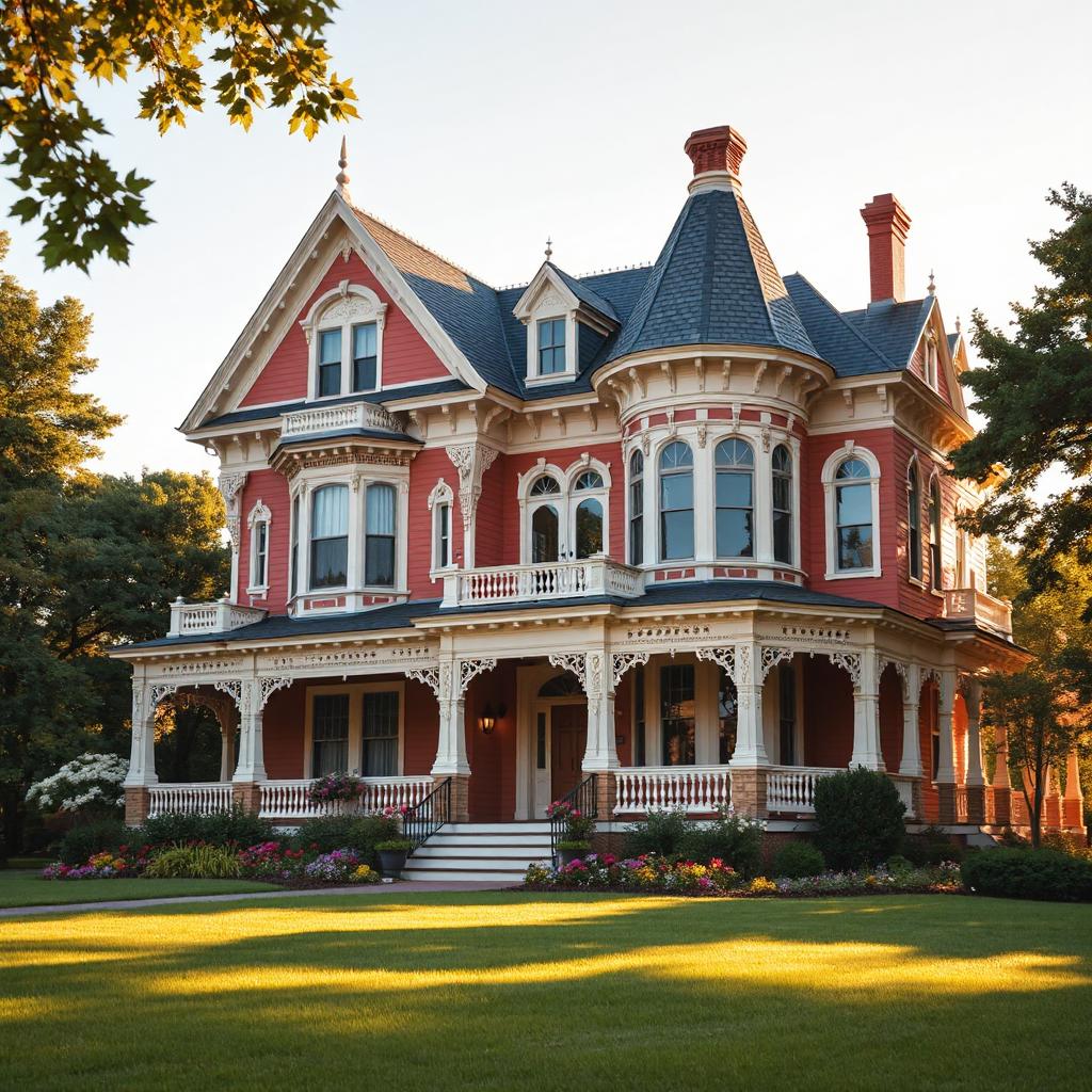 Red Victorian mansion with turret and wraparound porch on green lawn with autumn foliage