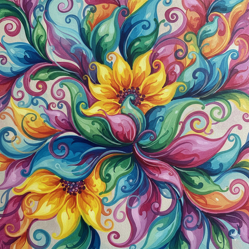 Colorful painting of swirling flower petals and leaves in rainbow hues around a central yellow sunflower