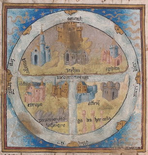 Medieval T-O map with circular world divided into three sections, Latin text labels, weathered appearance