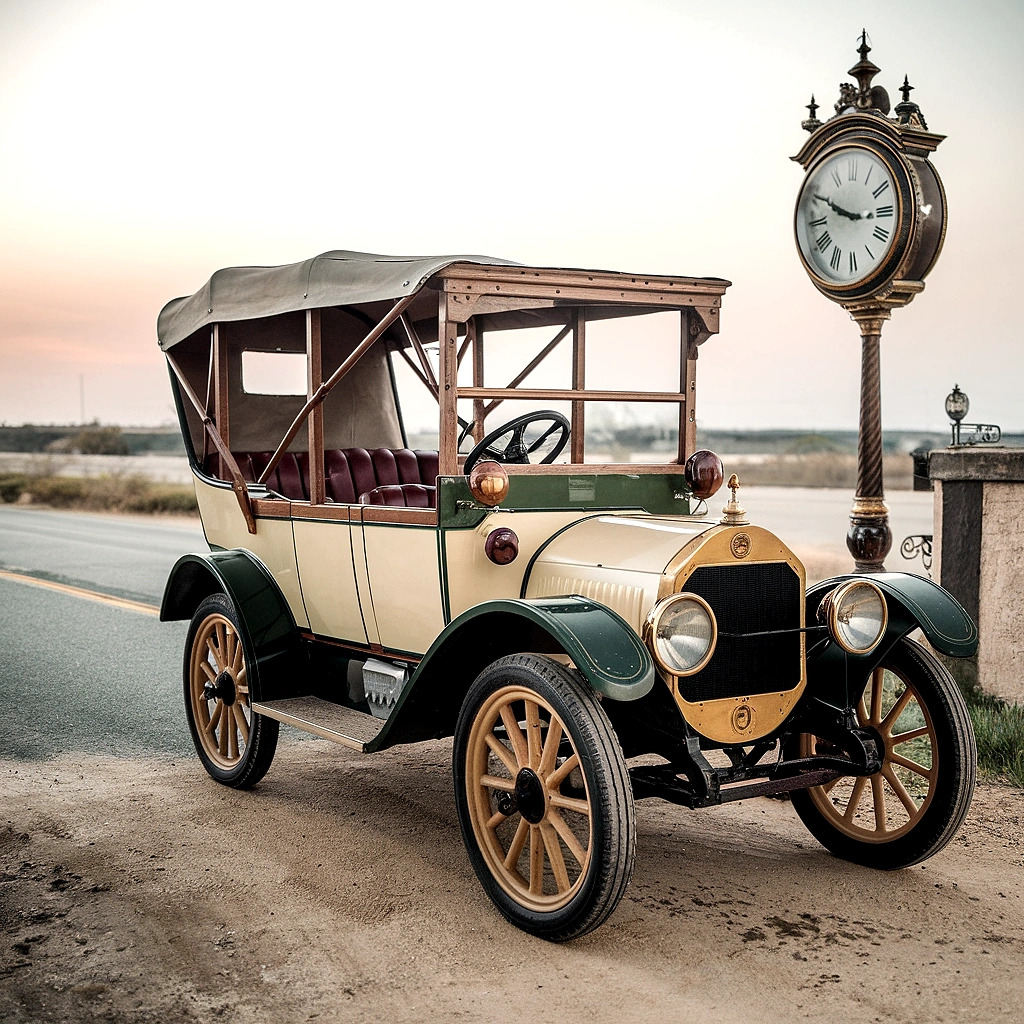 Vintage antique car parked next to a tall street clock on a roadside